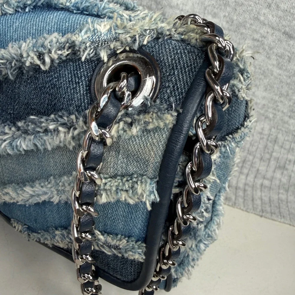 Michael Kors Sloan Large Denim Patchwork Frayed Chevron Shoulder Bag Blue Silver - Picture 10 of 15